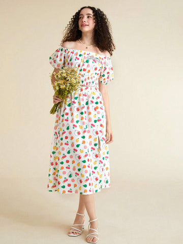 Fruit and Cartoon Graphic Off Shoulder Top & Split Thigh Skirt