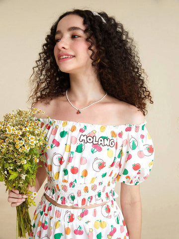 Fruit and Cartoon Graphic Off Shoulder Top & Split Thigh Skirt