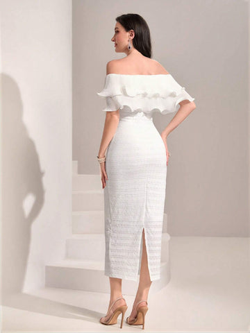 Off Shoulder Ruffle Trim Bodycon Dress