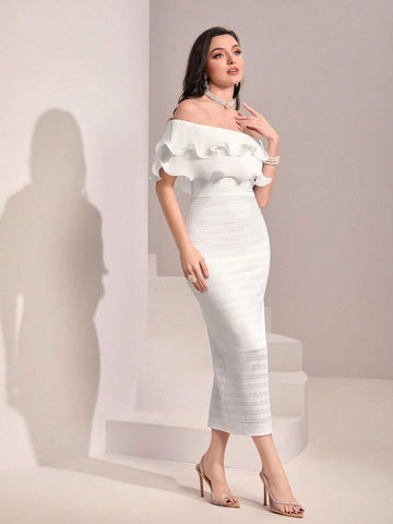 Off Shoulder Ruffle Trim Bodycon Dress