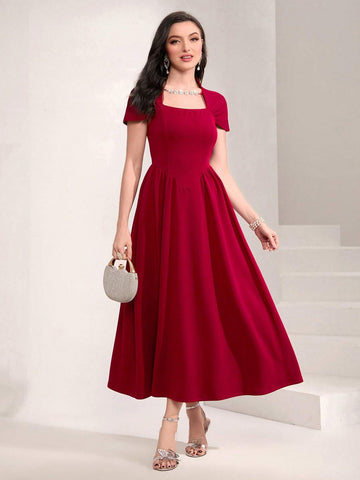 Square Neck Plicated Detail A-line Dress