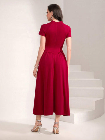 Square Neck Plicated Detail A-line Dress