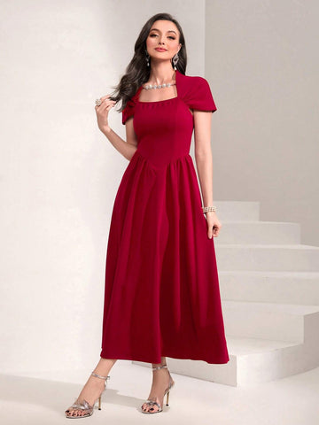 Square Neck Plicated Detail A-line Dress