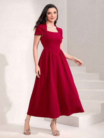 Square Neck Plicated Detail A-line Dress