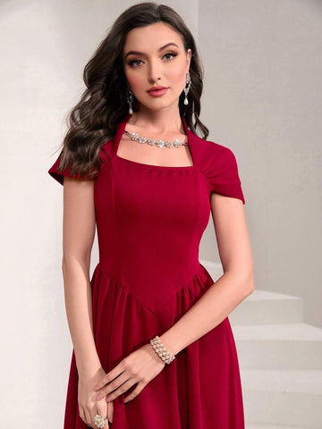 Square Neck Plicated Detail A-line Dress