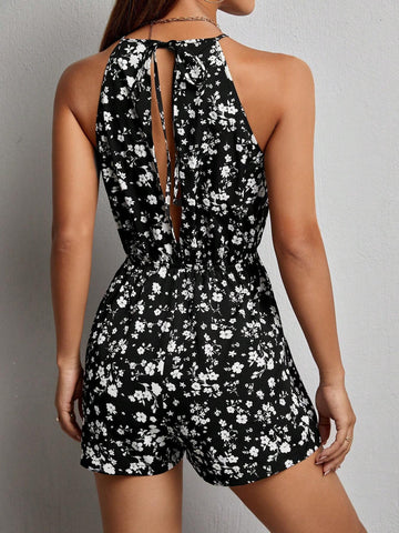 Ditsy Floral Print Halter Neck Romper