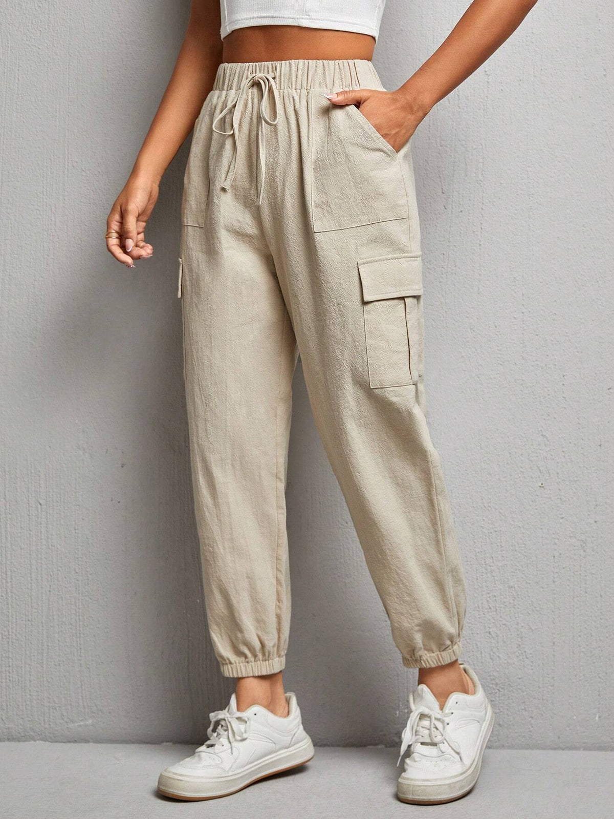 PETITE Flap Pocket Side Drawstring Waist Cargo Pants