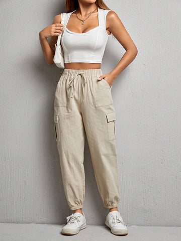 PETITE Flap Pocket Side Drawstring Waist Cargo Pants