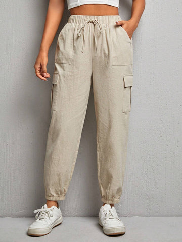 PETITE Flap Pocket Side Drawstring Waist Cargo Pants