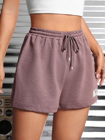 PETITE Letter Patched Drawstring Waist Track Shorts