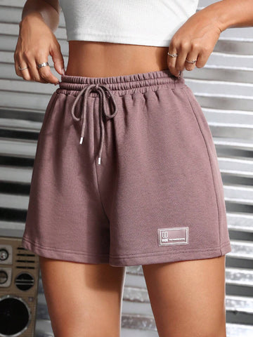 PETITE Letter Patched Drawstring Waist Track Shorts