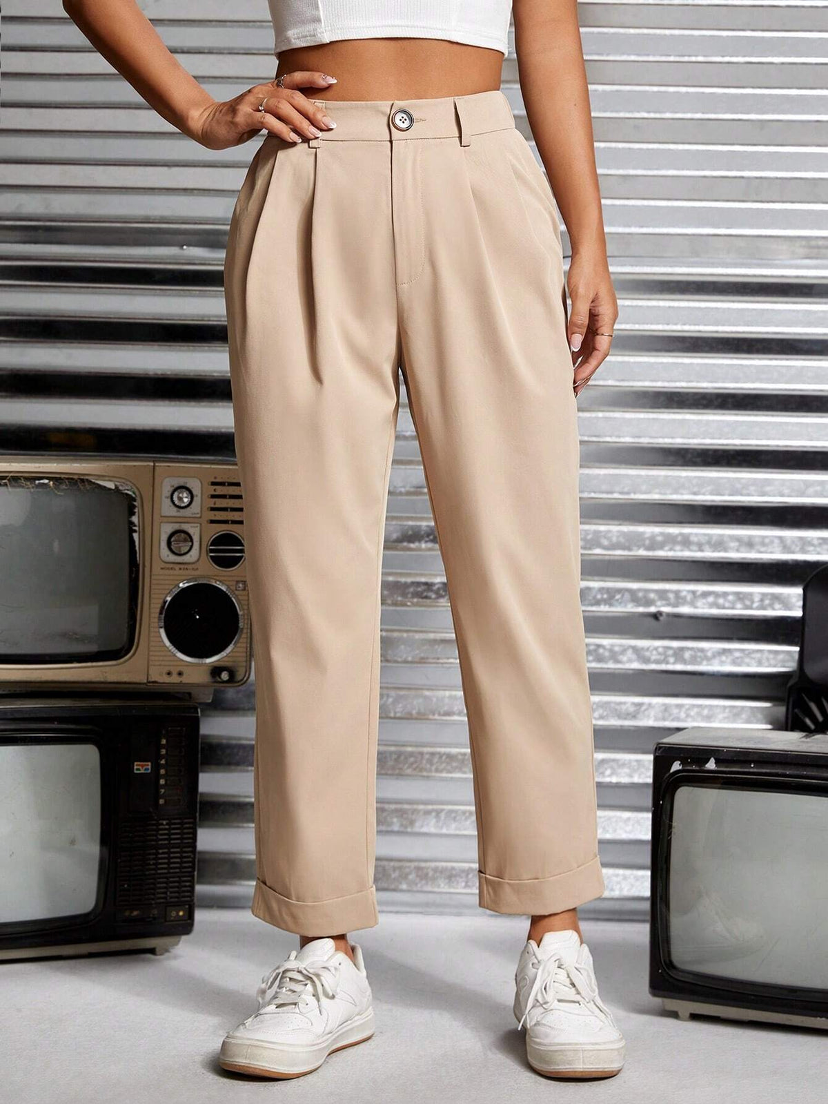High Waist Fold Pleated Straight Leg Pants