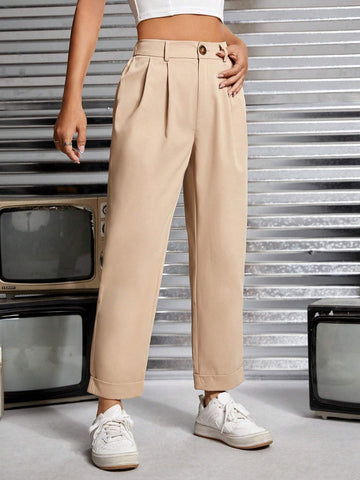 High Waist Fold Pleated Straight Leg Pants