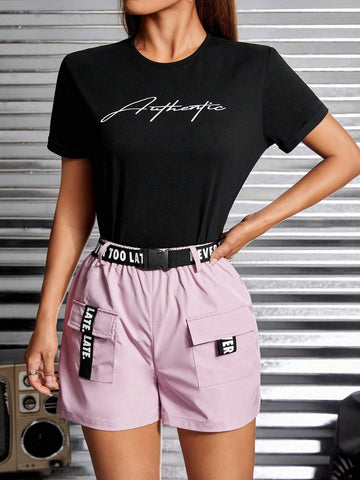 Letter Graphic Tee & Flap Pocket Buckle Belted Shorts