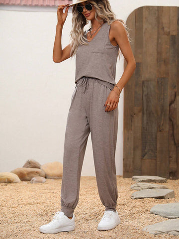 Solid Tank Top & Knot Waist Sweatpants