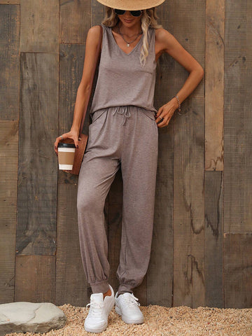 Solid Tank Top & Knot Waist Sweatpants
