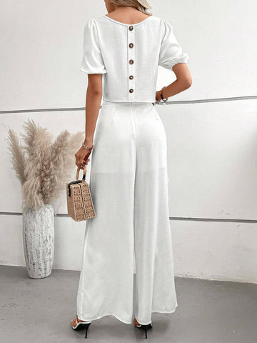 Solid Button Back Blouse & Wide Leg Pants