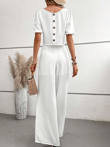 Solid Button Back Blouse & Wide Leg Pants