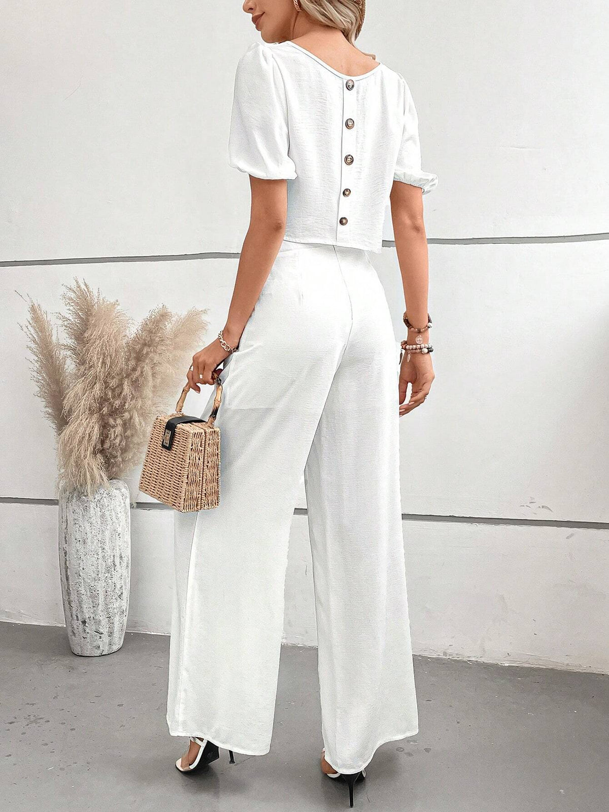 Solid Button Back Blouse & Wide Leg Pants