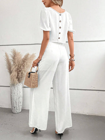 Solid Button Back Blouse & Wide Leg Pants