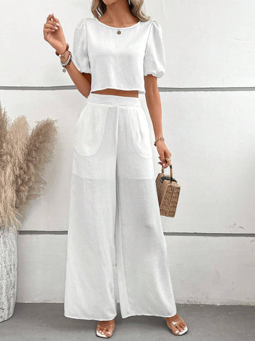 Solid Button Back Blouse & Wide Leg Pants