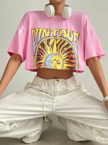 Sun & Letter Graphic Drop Shoulder Crop Tee