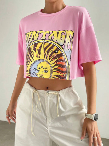 Sun & Letter Graphic Drop Shoulder Crop Tee