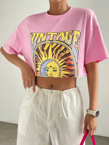 Sun & Letter Graphic Drop Shoulder Crop Tee