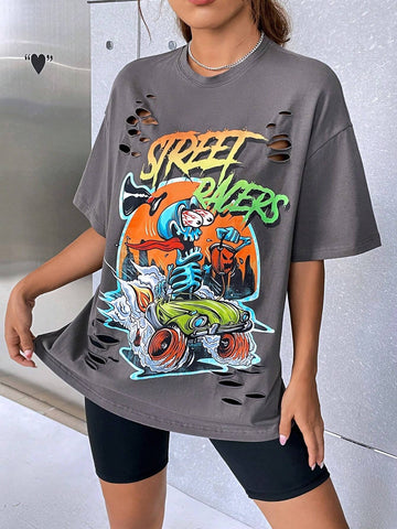 EZwear Car & Letter Graphic Drop Shoulder Tee