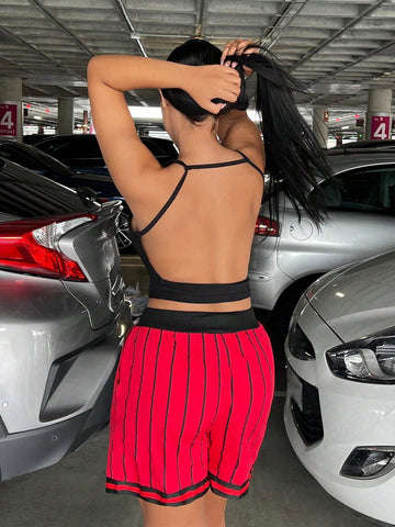 SXY Striped & Letter Graphic Drawstring Waist Shorts