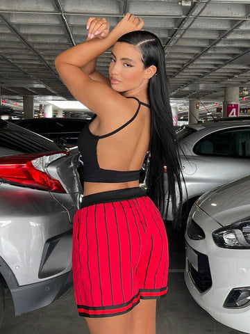 SXY Striped & Letter Graphic Drawstring Waist Shorts