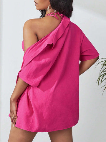 Solid Button Front Shirt & Halter Top & Shorts