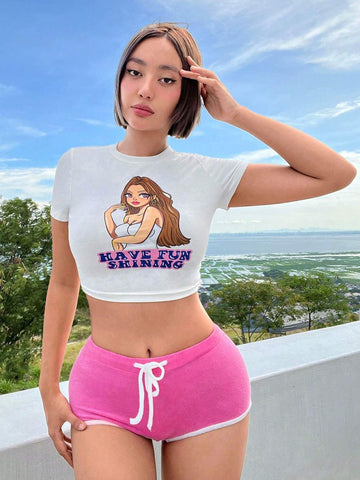 ICON Heart & Letter Graphic Contrast Binding Shorts