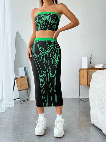 Figure Graphic Tube Top & Pencil Skirt