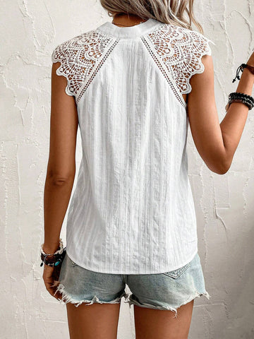 Contrast Guipure Lace Raglan Sleeve Button Front Blouse