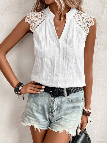 Contrast Guipure Lace Raglan Sleeve Button Front Blouse