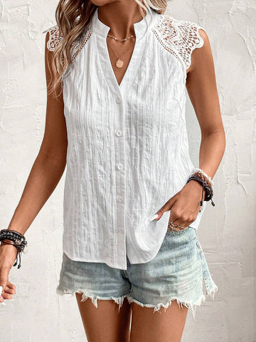 Contrast Guipure Lace Raglan Sleeve Button Front Blouse