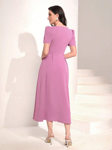Solid Puff Sleeve A-line Dress