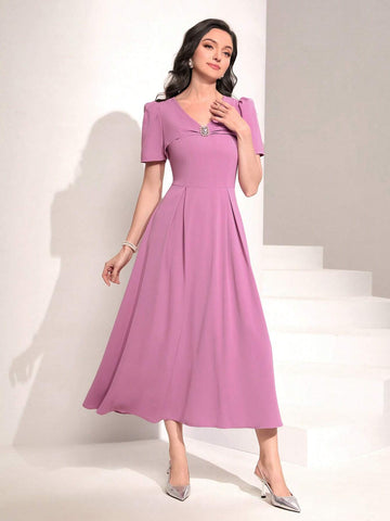 Solid Puff Sleeve A-line Dress
