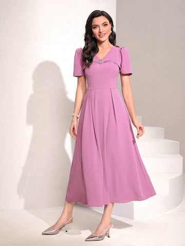 Solid Puff Sleeve A-line Dress