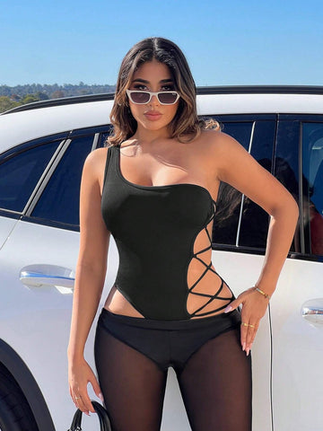 One Shoulder Crisscross Side Cut Out Bodysuit