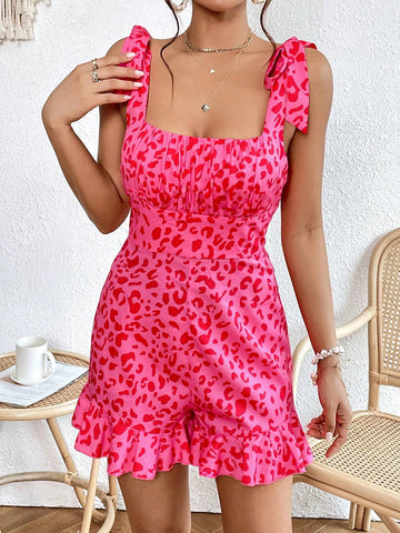 Leopard Print Tie Shoulder Ruffle Hem Cami Romper