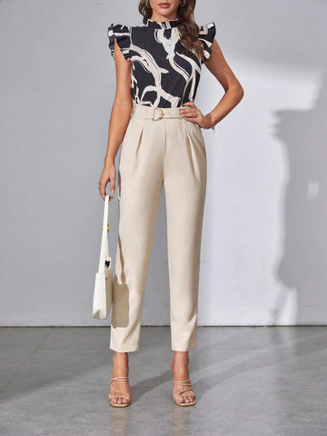 Tall Solid Fold Pleated Belted Pants