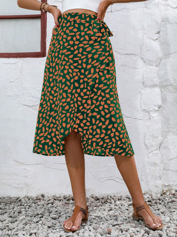 All Over Print Tie Side Wrap Skirt