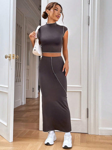 Mock Neck Top-stitching Crop Top & Skirt