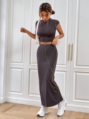 Mock Neck Top-stitching Crop Top & Skirt