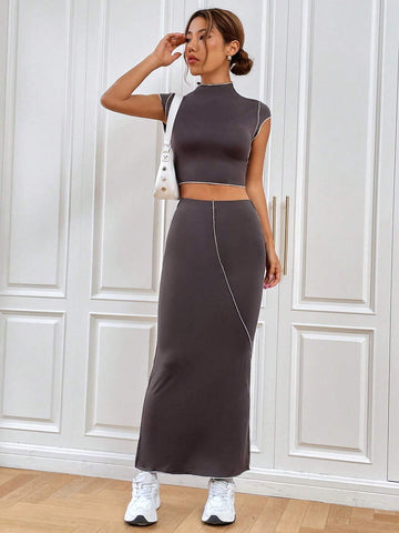 Mock Neck Top-stitching Crop Top & Skirt