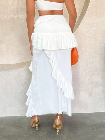 SXY Solid Ruffle Trim Split Thigh Skirt