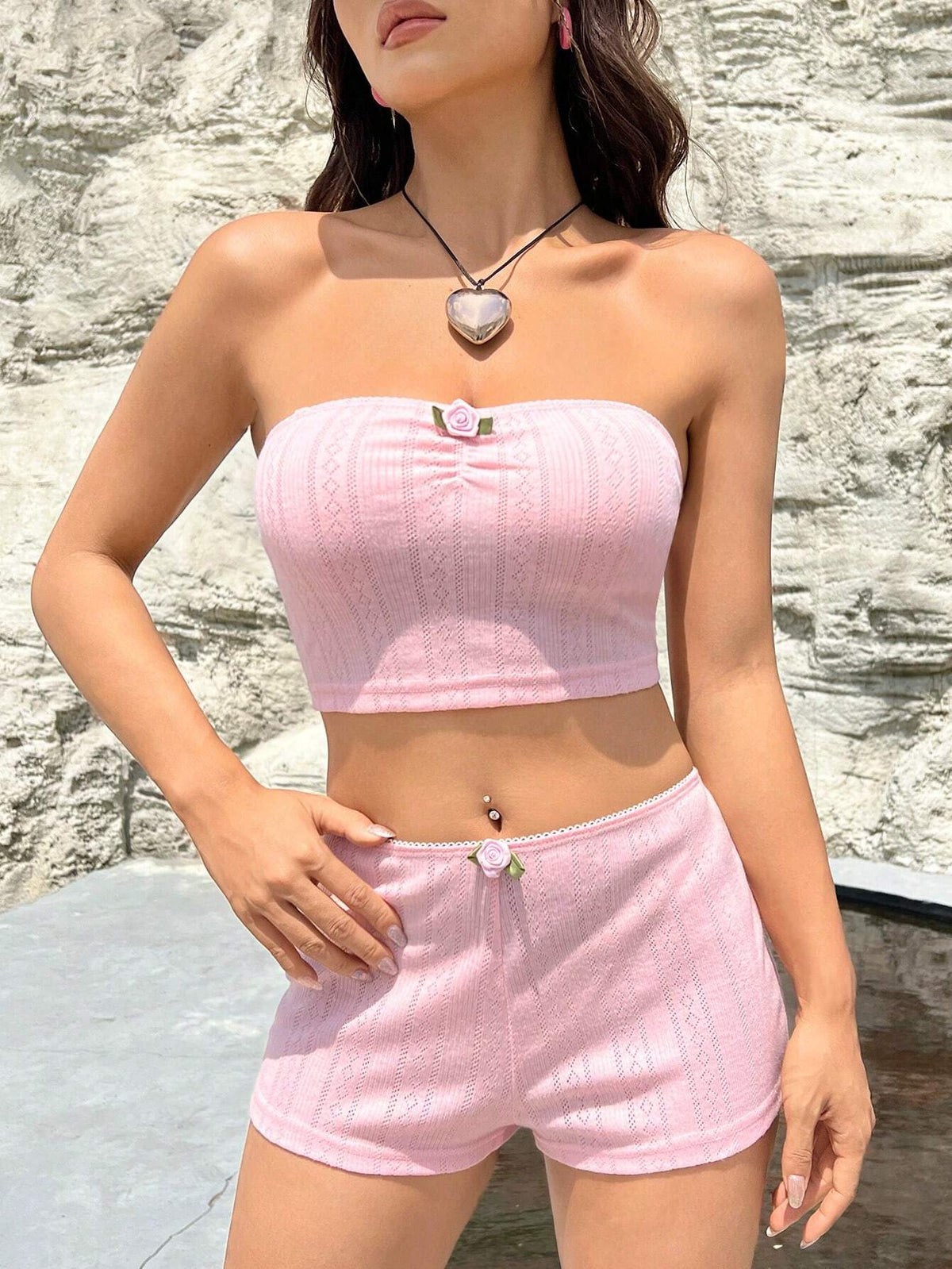 Ruched Front Floral Patched Tube Top & Shorts