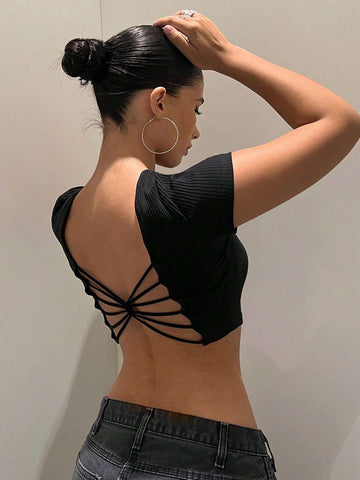 Solid Criss Cross Backless Crop Tee